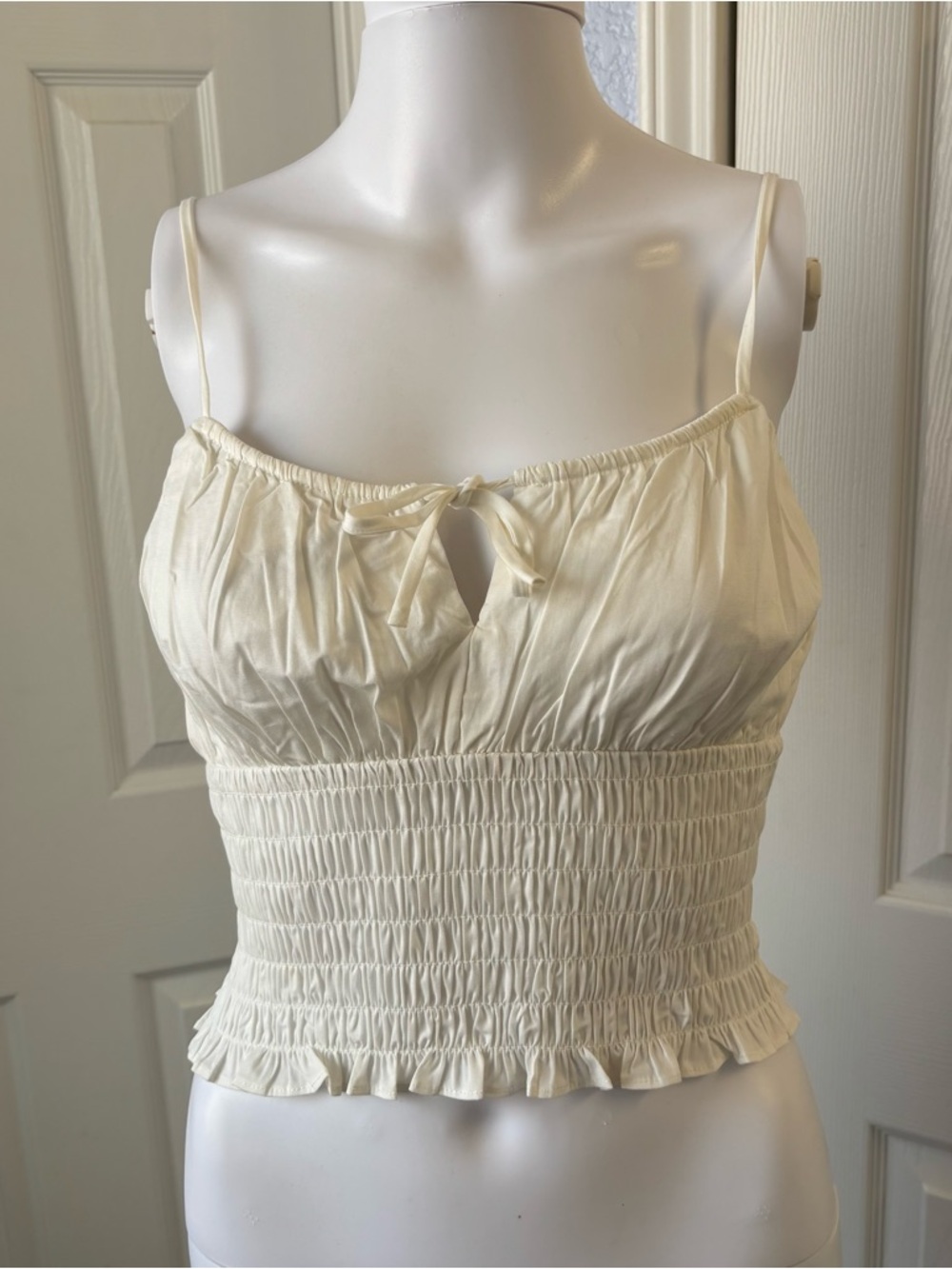 WAYF Ivory Smocked Spaghetti Strap Camisole with Front Tie Detail